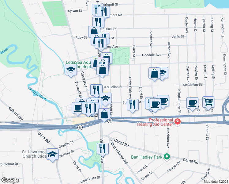 map of restaurants, bars, coffee shops, grocery stores, and more near 45276 Deshon Street in Utica