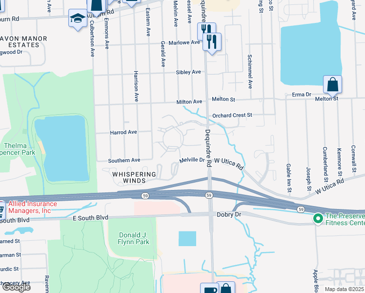 map of restaurants, bars, coffee shops, grocery stores, and more near 1803 Village Green Boulevard in Rochester Hills