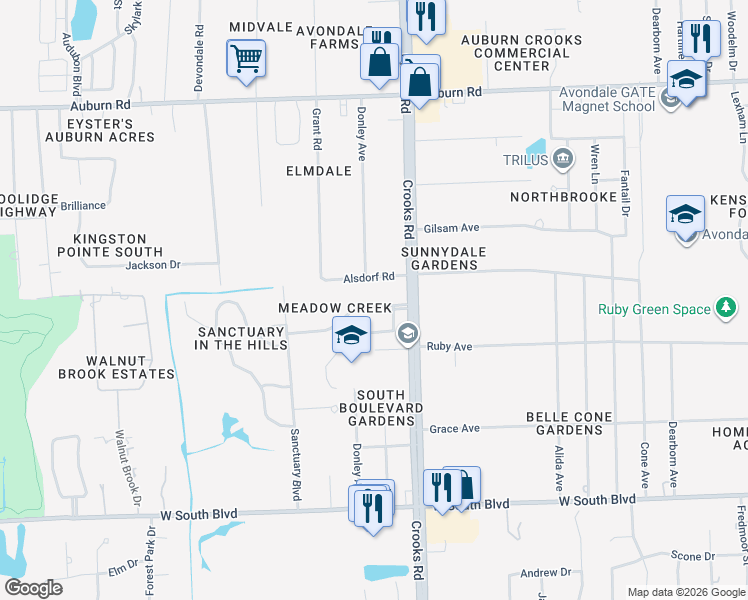 map of restaurants, bars, coffee shops, grocery stores, and more near 2066 Lagoon Drive in Rochester Hills