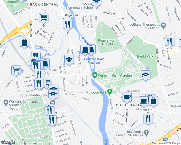 map of restaurants, bars, coffee shops, grocery stores, and more near 966 Lawrence Street in Lowell