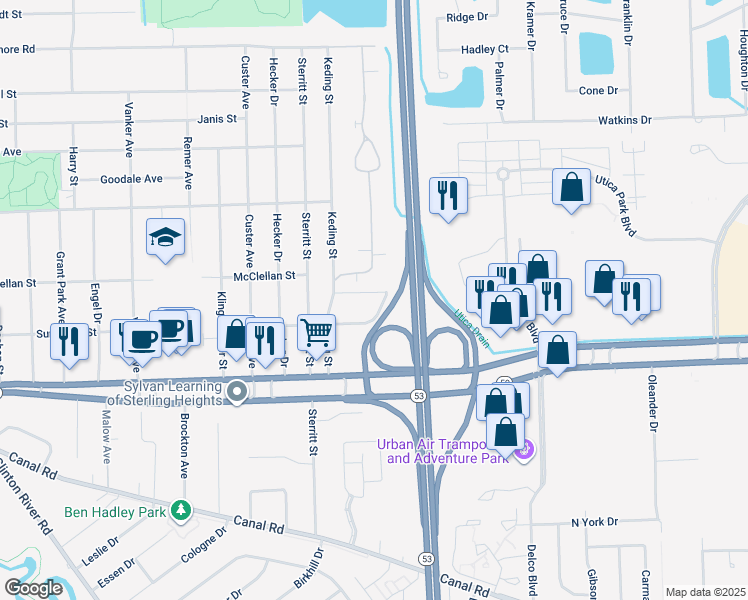 map of restaurants, bars, coffee shops, grocery stores, and more near 65 Summers Street in Utica