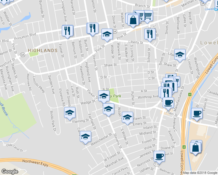 map of restaurants, bars, coffee shops, grocery stores, and more near 195 B Street in Lowell