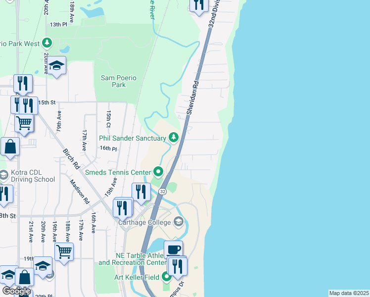 map of restaurants, bars, coffee shops, grocery stores, and more near 1617 Sheridan Road in Kenosha