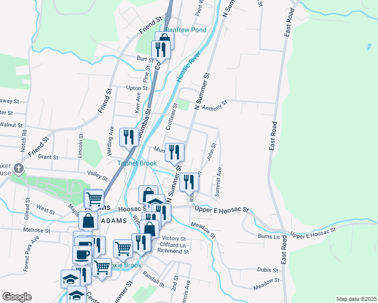 map of restaurants, bars, coffee shops, grocery stores, and more near 51 North Summer Street in Adams