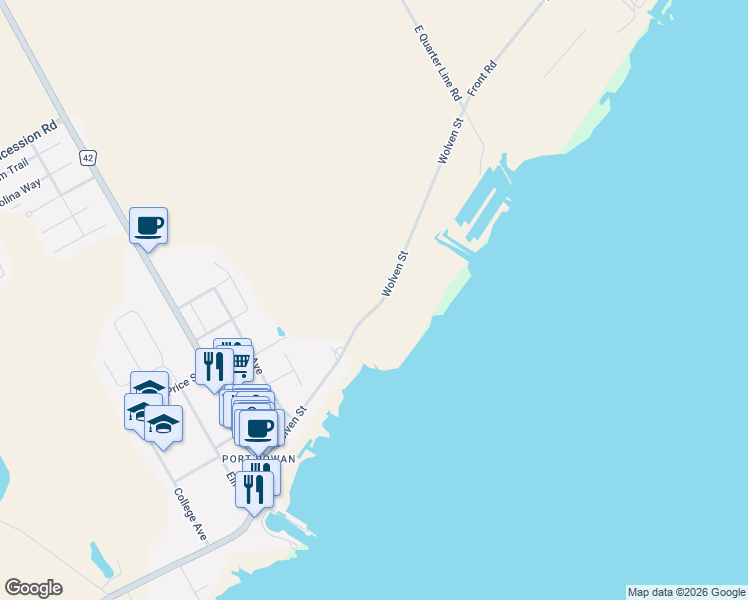 map of restaurants, bars, coffee shops, grocery stores, and more near 115 Wolven Street in Port Rowan