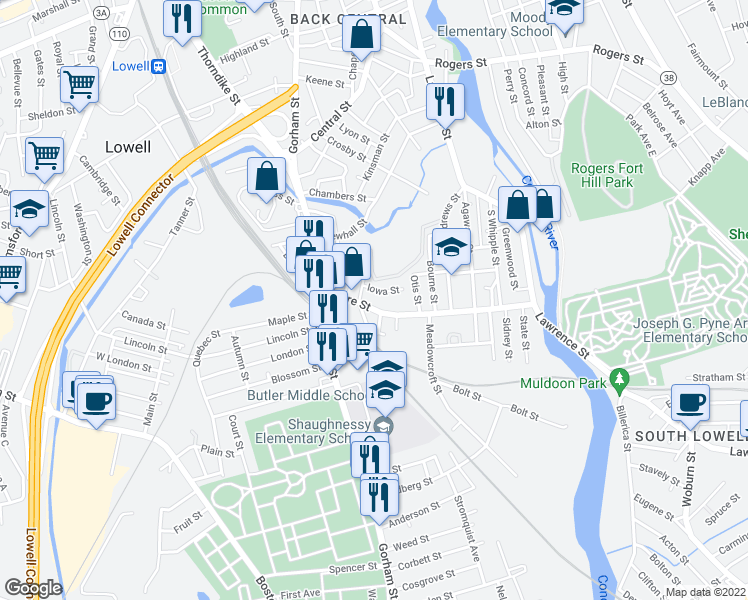 map of restaurants, bars, coffee shops, grocery stores, and more near 70 Moore Street in Lowell