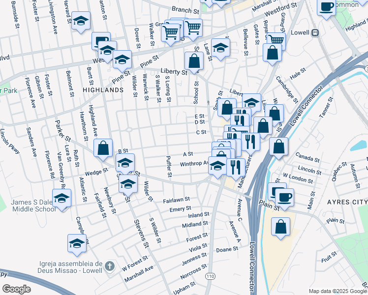 map of restaurants, bars, coffee shops, grocery stores, and more near 115 A Street in Lowell