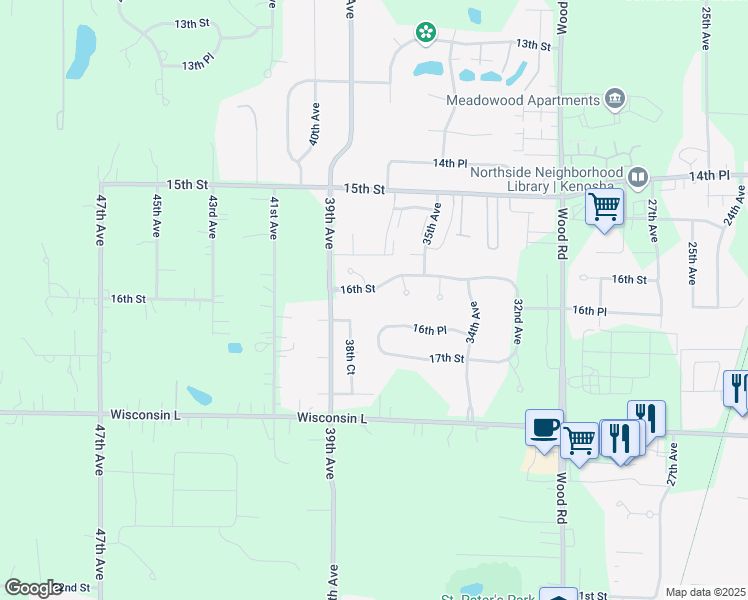 map of restaurants, bars, coffee shops, grocery stores, and more near 3617 16th Street in Kenosha