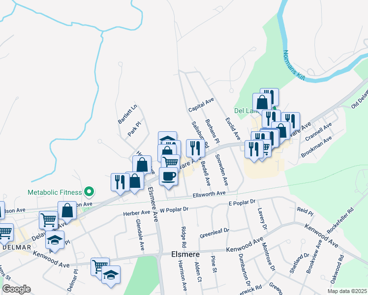 map of restaurants, bars, coffee shops, grocery stores, and more near 15 Leonard Place in Delmar