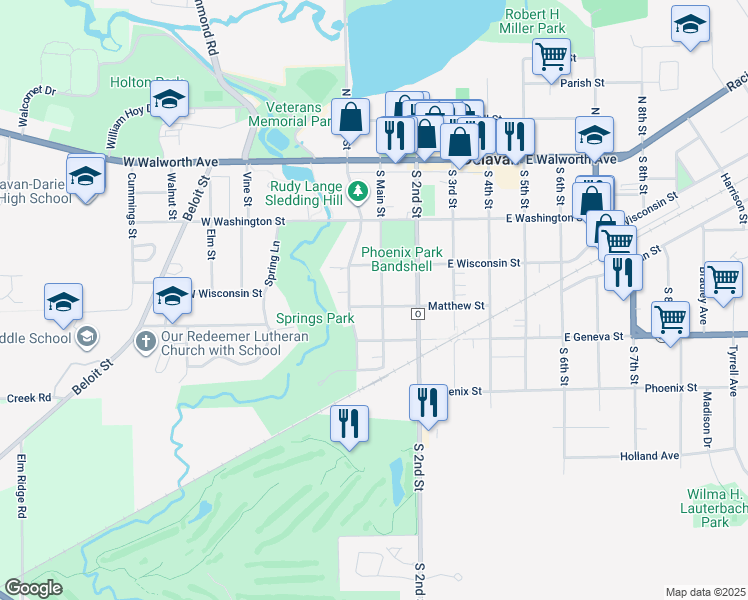 map of restaurants, bars, coffee shops, grocery stores, and more near 324 South Main Street in Delavan