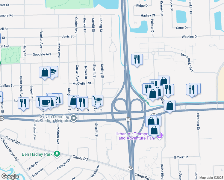 map of restaurants, bars, coffee shops, grocery stores, and more near 45280 Village Square in Utica