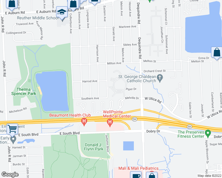 map of restaurants, bars, coffee shops, grocery stores, and more near 1835 Village Green Boulevard in Rochester Hills