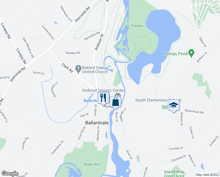 map of restaurants, bars, coffee shops, grocery stores, and more near 22R Dale Street in Andover