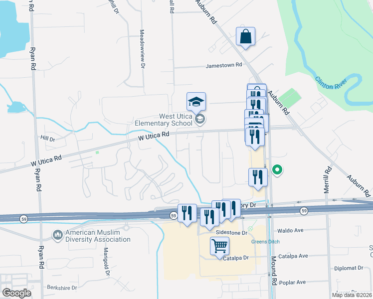 map of restaurants, bars, coffee shops, grocery stores, and more near 45283 Universal Court in Macomb County