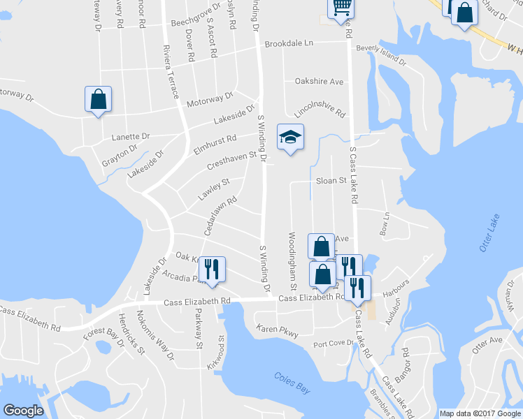 map of restaurants, bars, coffee shops, grocery stores, and more near 3806 Faber Terrace in Waterford Township