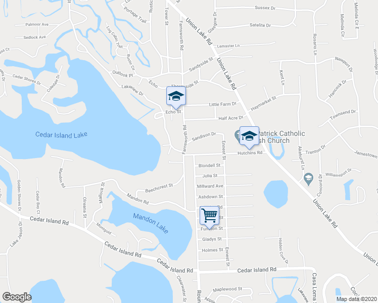 map of restaurants, bars, coffee shops, grocery stores, and more near 767 Farnsworth Street in White Lake charter Township