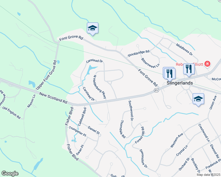map of restaurants, bars, coffee shops, grocery stores, and more near 6 Mayfair Drive in Slingerlands