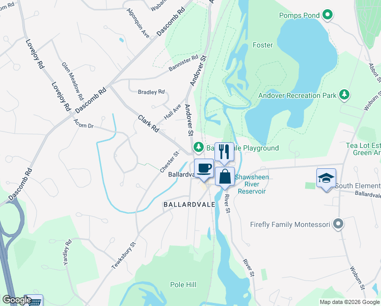 map of restaurants, bars, coffee shops, grocery stores, and more near 163 Andover Street in Andover