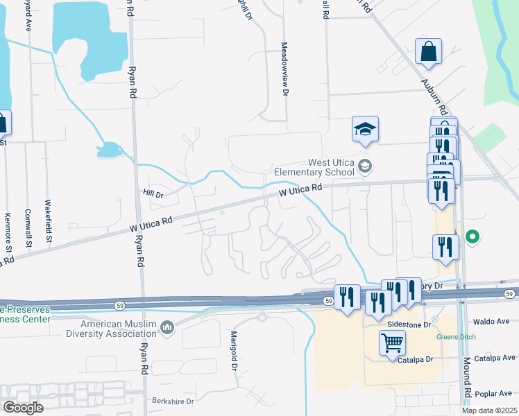 map of restaurants, bars, coffee shops, grocery stores, and more near 45600 Oak Hill Boulevard in Utica