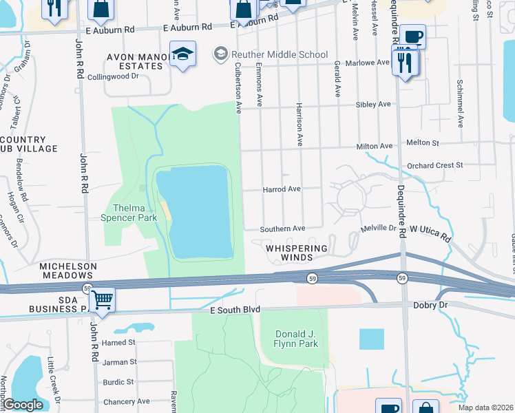 map of restaurants, bars, coffee shops, grocery stores, and more near 3595 Emmons Avenue in Rochester Hills