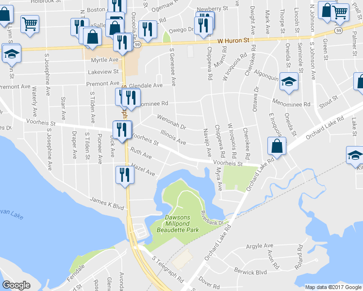 map of restaurants, bars, coffee shops, grocery stores, and more near 65 Illinois Avenue in Pontiac