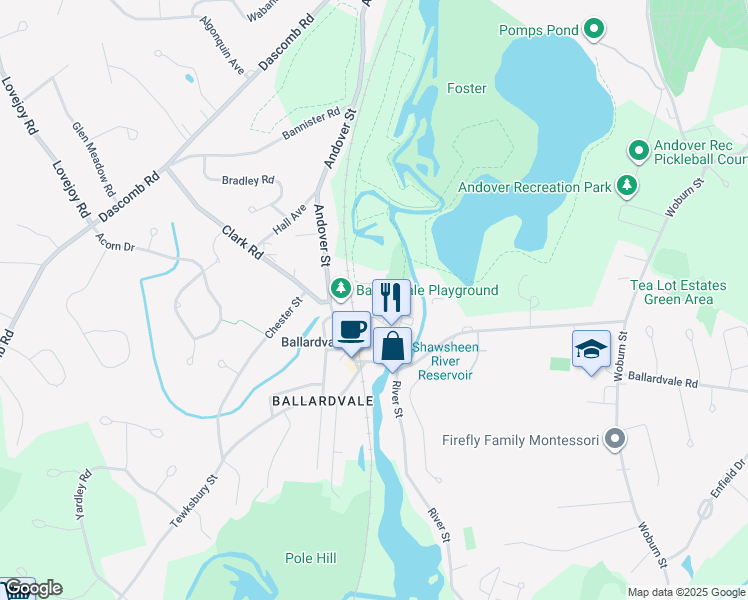 map of restaurants, bars, coffee shops, grocery stores, and more near 22R Dale Street in Andover