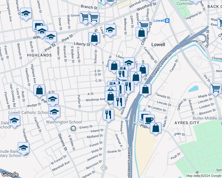 map of restaurants, bars, coffee shops, grocery stores, and more near 162 Powell Street in Lowell