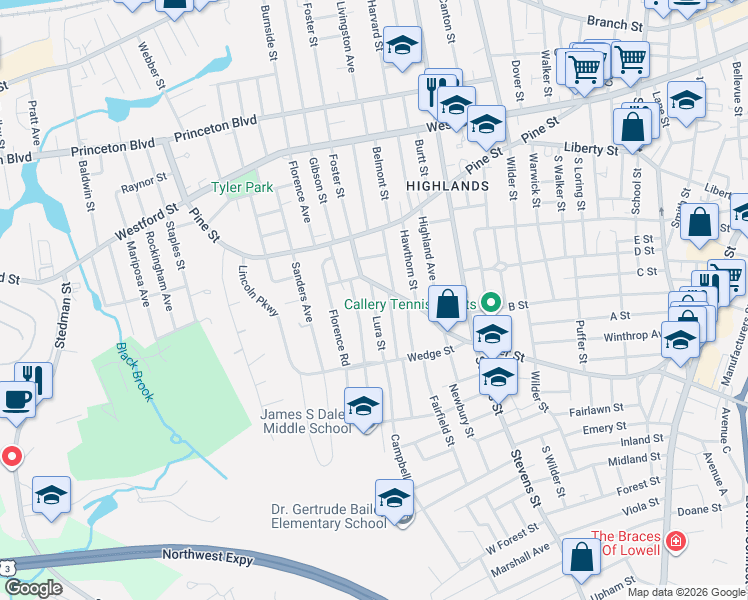 map of restaurants, bars, coffee shops, grocery stores, and more near 26 Reiss Avenue in Lowell