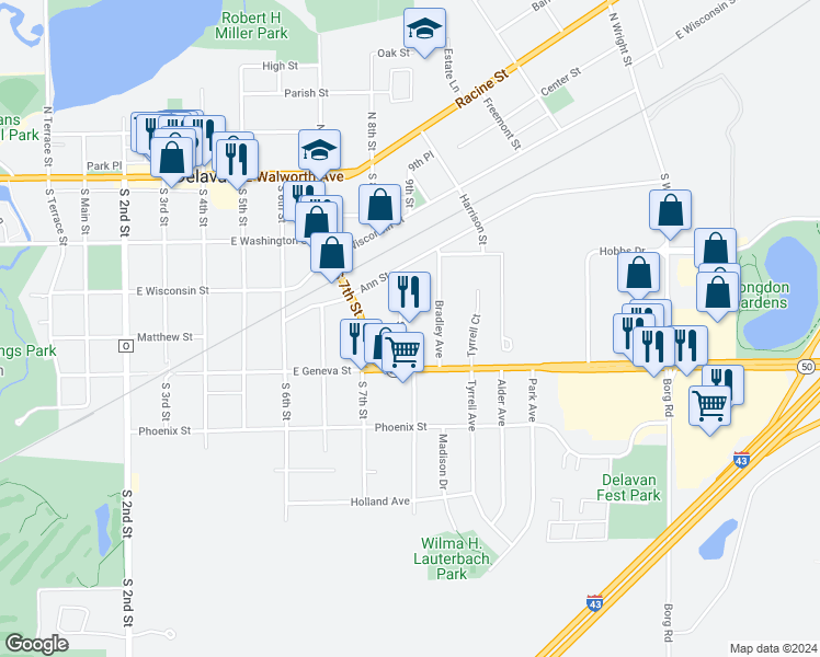 map of restaurants, bars, coffee shops, grocery stores, and more near 360 Bradley Avenue in Delavan