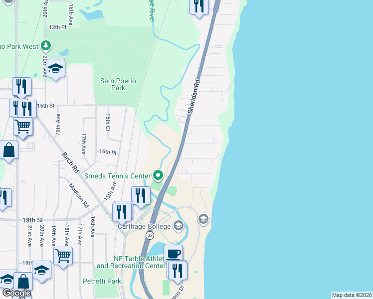map of restaurants, bars, coffee shops, grocery stores, and more near 1617 Sheridan Road in Kenosha