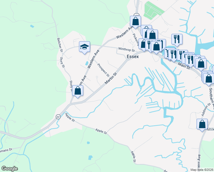 map of restaurants, bars, coffee shops, grocery stores, and more near 86 Martin Street in Essex