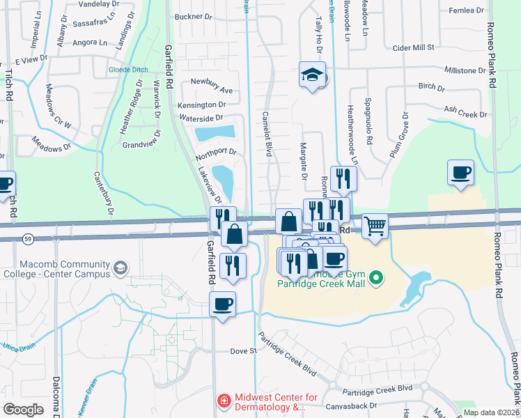 map of restaurants, bars, coffee shops, grocery stores, and more near 17033 Wallingford Street in Macomb