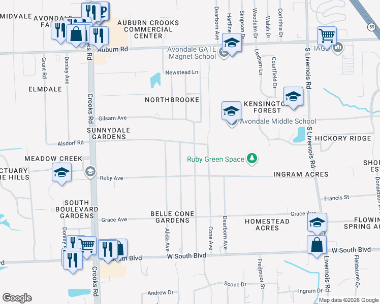 map of restaurants, bars, coffee shops, grocery stores, and more near 3537 Mildred Avenue in Rochester Hills