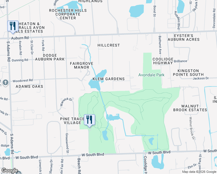map of restaurants, bars, coffee shops, grocery stores, and more near 3414 Willet Avenue in Rochester Hills