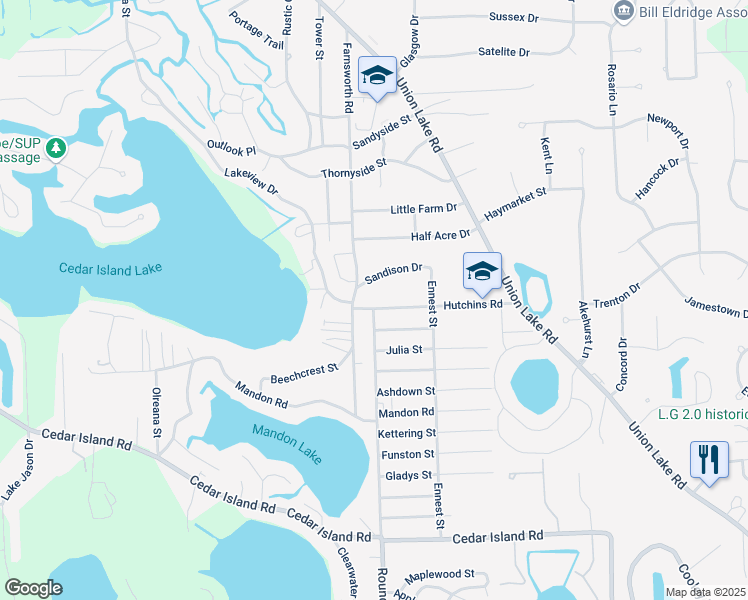 map of restaurants, bars, coffee shops, grocery stores, and more near 800 Round Lake Road in White Lake charter Township