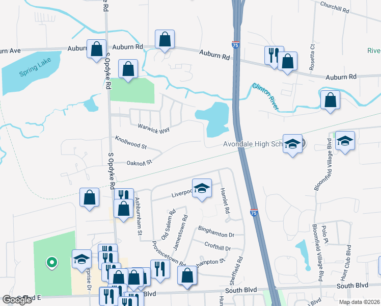 map of restaurants, bars, coffee shops, grocery stores, and more near 2360 Oaknoll Street in Auburn Hills
