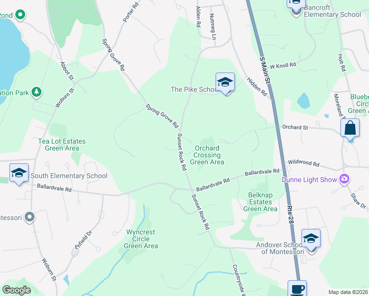 map of restaurants, bars, coffee shops, grocery stores, and more near 58 Sunset Rock Road in Andover