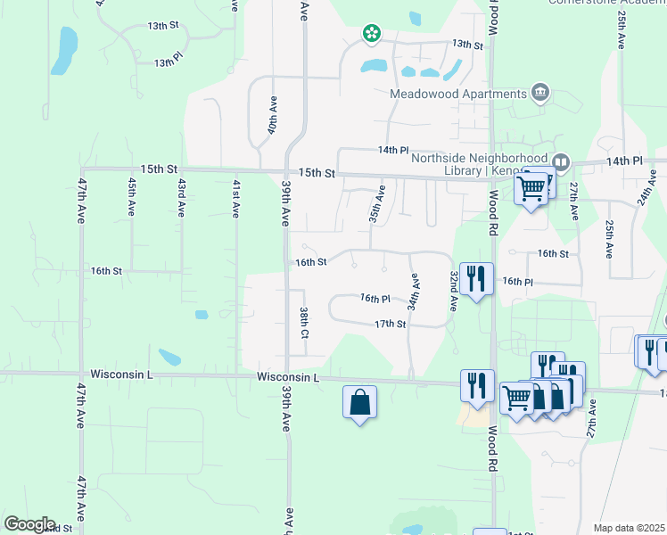 map of restaurants, bars, coffee shops, grocery stores, and more near 3617 16th Street in Kenosha
