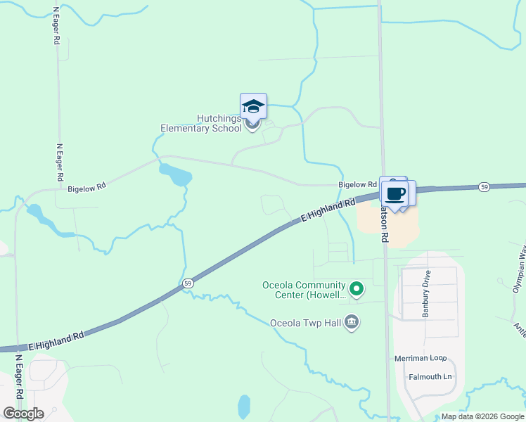 map of restaurants, bars, coffee shops, grocery stores, and more near 3451-3843 East Highland Road in Howell