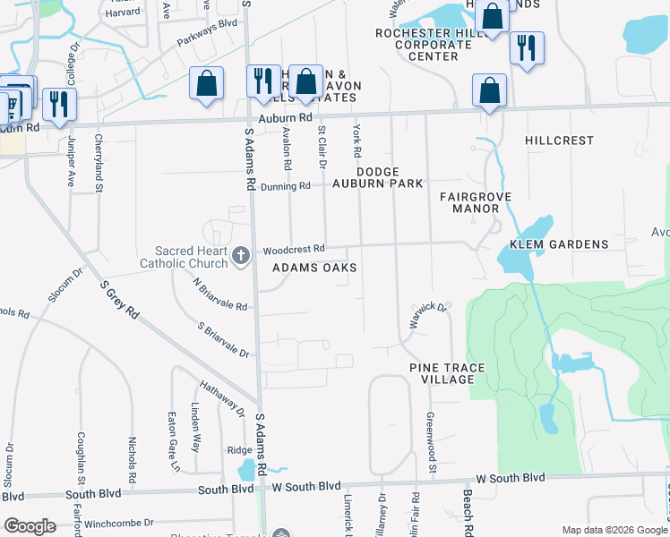 map of restaurants, bars, coffee shops, grocery stores, and more near 3829 Beechcrest Road in Rochester Hills