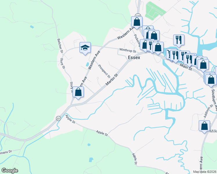 map of restaurants, bars, coffee shops, grocery stores, and more near 86 Martin Street in Essex