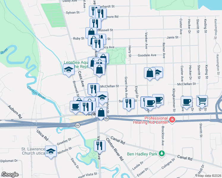 map of restaurants, bars, coffee shops, grocery stores, and more near 45276 Deshon Street in Utica