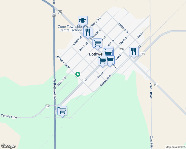 map of restaurants, bars, coffee shops, grocery stores, and more near 229 Elm Street West in Bothwell