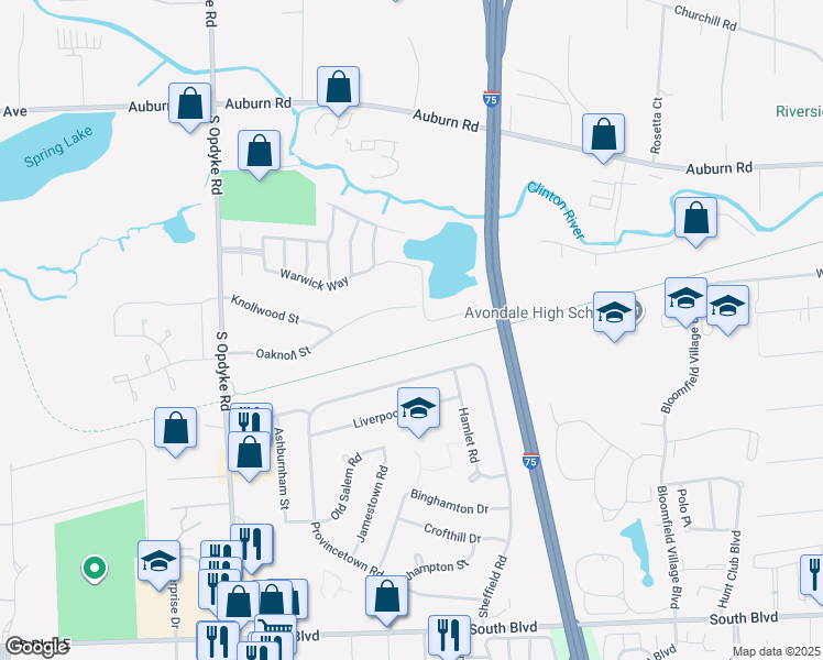 map of restaurants, bars, coffee shops, grocery stores, and more near 2360 Oaknoll Street in Auburn Hills