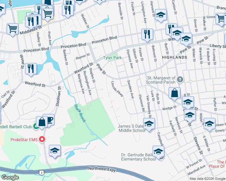 map of restaurants, bars, coffee shops, grocery stores, and more near 71 Lincoln Parkway in Lowell