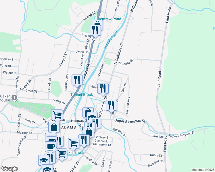 map of restaurants, bars, coffee shops, grocery stores, and more near 51 North Summer Street in Adams