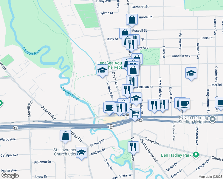 map of restaurants, bars, coffee shops, grocery stores, and more near 45420 Brownell Street in Utica