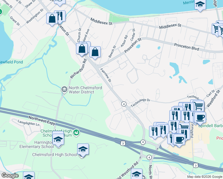 map of restaurants, bars, coffee shops, grocery stores, and more near in Chelmsford