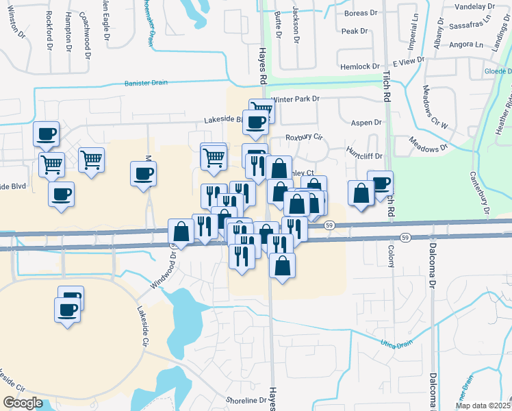 map of restaurants, bars, coffee shops, grocery stores, and more near 45133 Hayes Road in Shelby Township