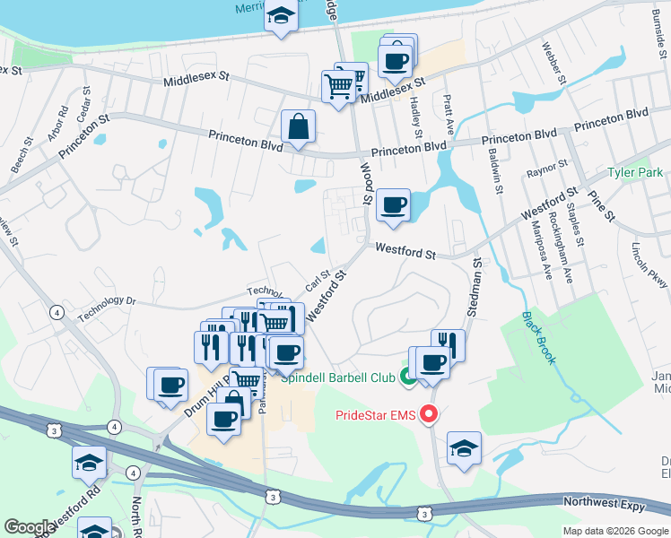 map of restaurants, bars, coffee shops, grocery stores, and more near 10 Carl Street in Lowell